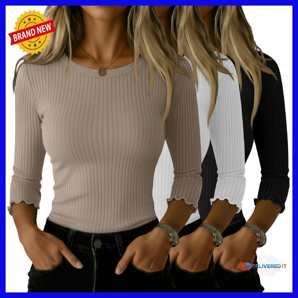 3 Pack Women's Ribbed Knit Cotton 3/4 Sleeve Slim Fit Crew Neck Tops